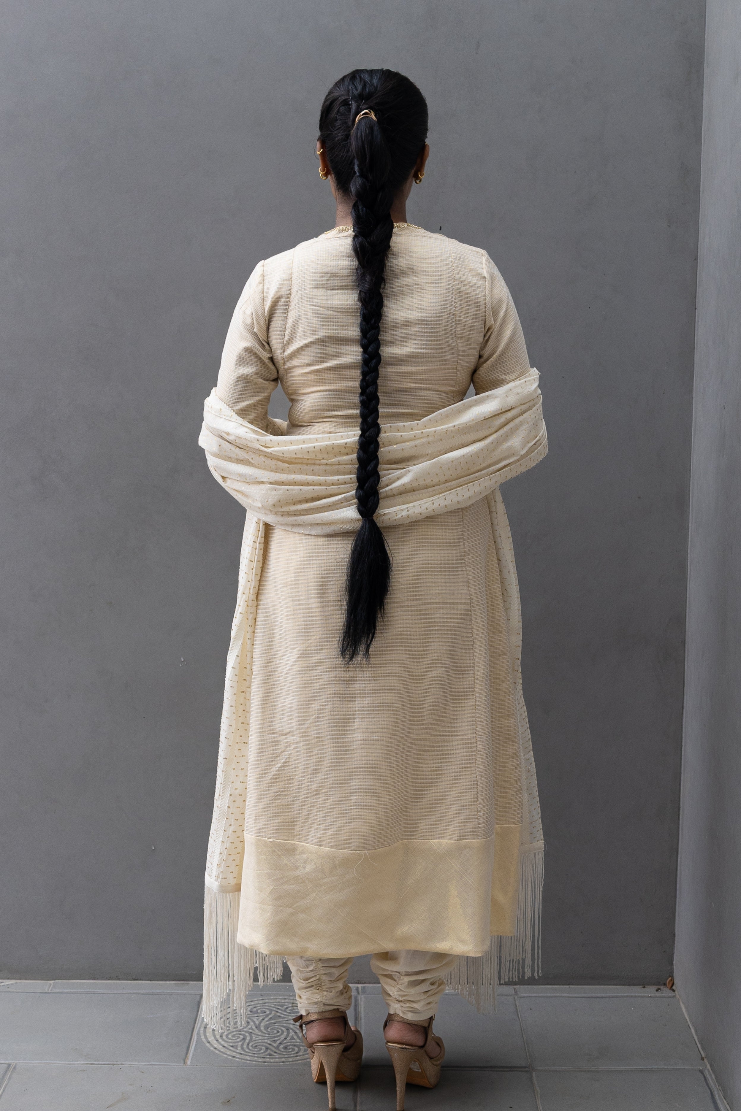 Golden A-Line Anarkali with Hand Embroidery
